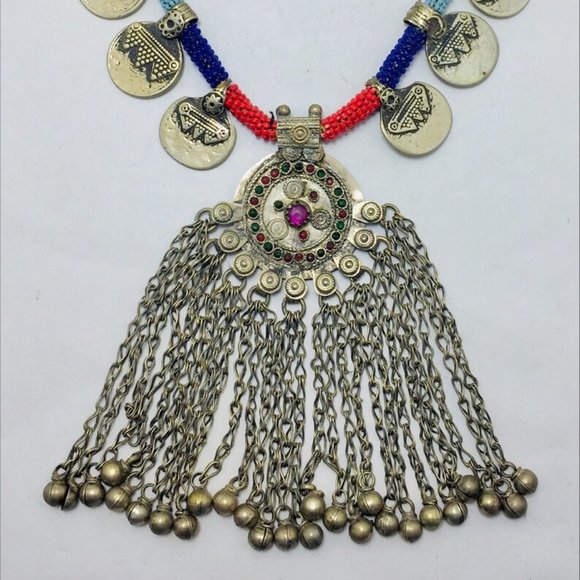Vintage Coins Necklace With Dangling Pendant,Tribal Beaded Pendant Necklace - Picture 4 of 7